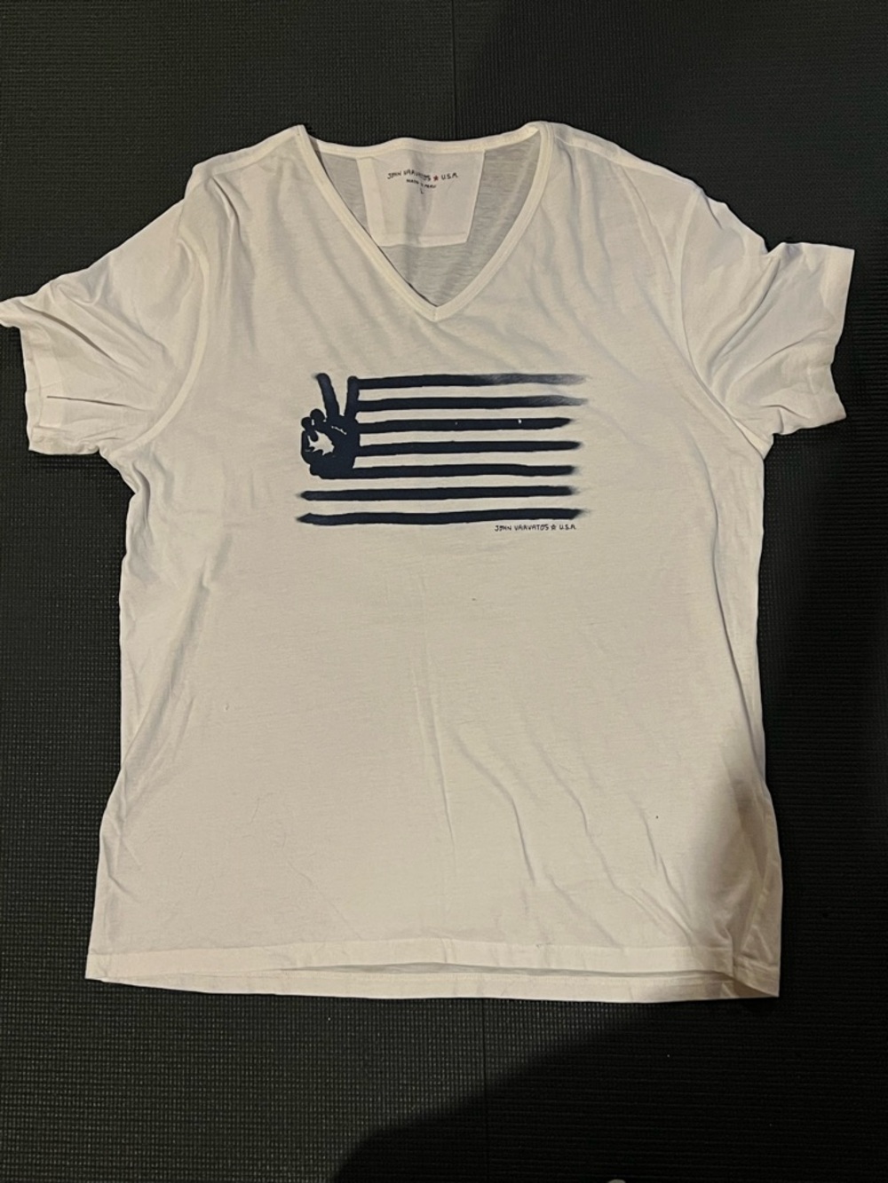 John Varvatos White V-Neck Graphic Tee with Navy Flag Print